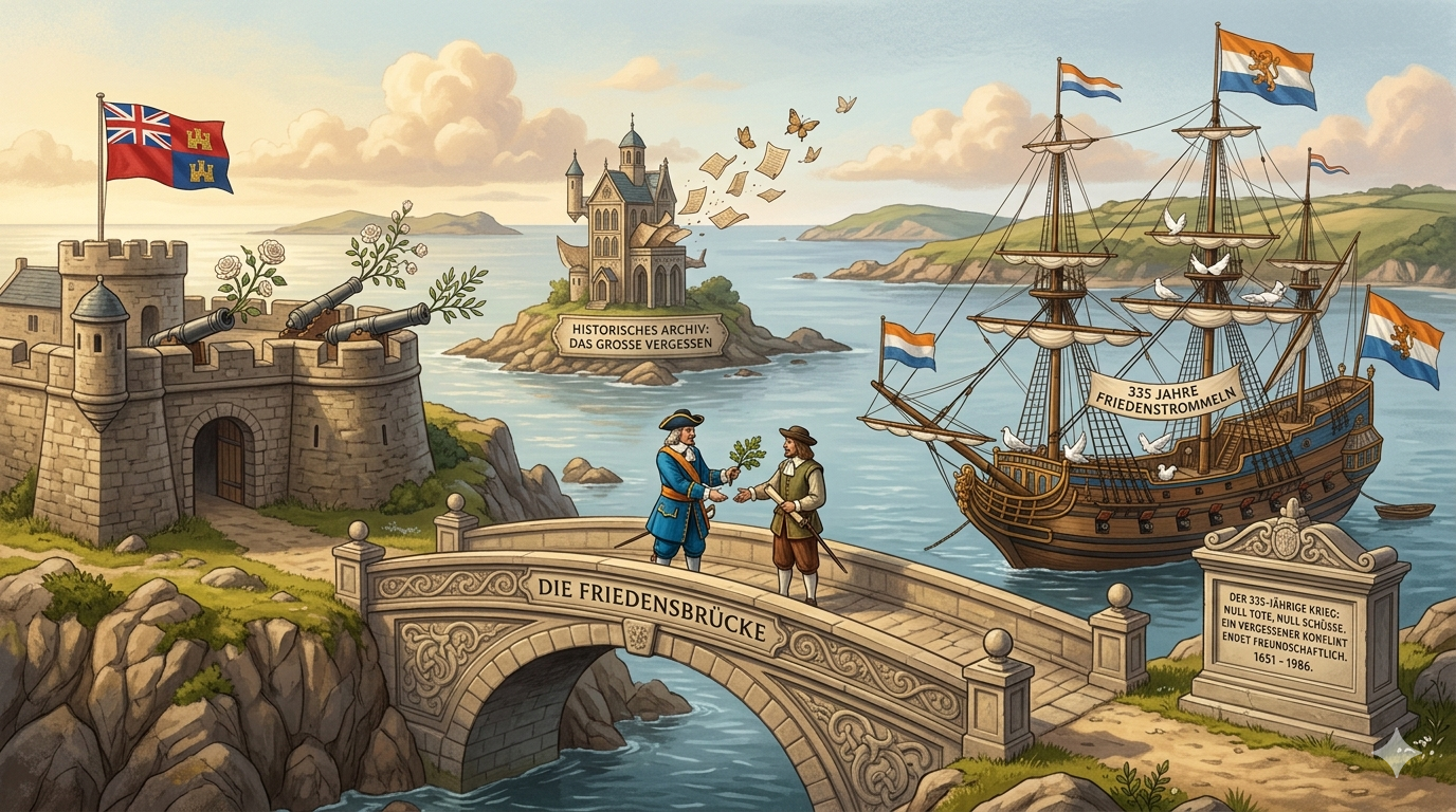 Der längste und vergessene Krieg. Zwei Gesandte in Barockkleidung besiegeln einen Friedenspakt auf der Brücke mit einem Olivenzweig.