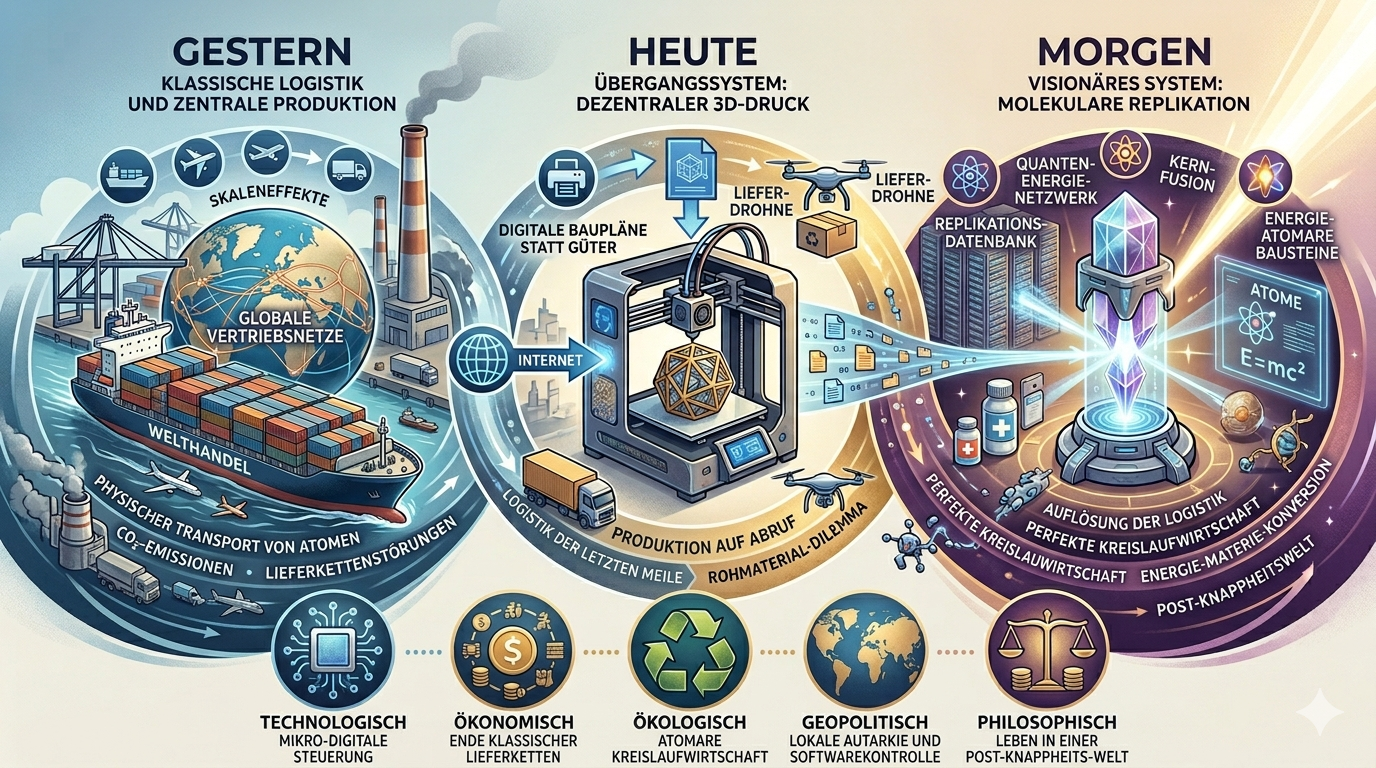 Von der globalen Transportlogistik zur molekularen Replikation Infografik zur Evolution der materiellen Bereitstellung von Logistik über 3D-Druck zu Replikation.