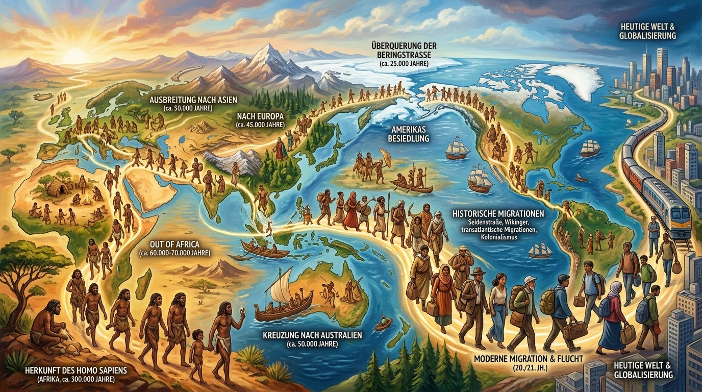 Dieses symbolische Panoramabild veranschaulicht die weltweite Geschichte der menschlichen Migration von den Anfängen in Afrika bis in die moderne, globalisierte Gegenwart. Die Darstellung verläuft von links nach rechts als eine visuelle Zeitleiste über eine stilisierte Weltkarte.  Bildaufbau und Etappen  Ursprung in Afrika (links unten): Eine helle Aufgangssonne beleuchtet die afrikanische Savanne vor rund 300.000 Jahren. Frühe Homo sapiens brechen in Gruppen auf und folgen leuchtenden Pfaden nach Norden.  Out of Africa & Ausbreitung (Mitte-links): Vor etwa 60.000 bis 70.000 Jahren überqueren die Menschen die Landbrücken in den Nahen Osten. Von dort aus verzweigt sich der Weg nach Asien, Europa und über frühe Bootstypen nach Australien.  Überquerung der Beringstraße & Amerika (Oben/Mitte): Über vereiste Landschaften zieht eine Menschenkette über die Beringia-Landbrücke, was die spätere Besiedlung des amerikanischen Kontinents symbolisiert.  Historische Epochen (Mitte-rechts): Segelschiffe, Kaufmannskarawanen und Handelsrouten wie die Seidenstraße verdeutlichen die Völkerwanderungen, den Kolonialismus und die maritime Expansion vergangener Jahrhunderte.  Moderne & Globalisierung (rechts): Der Pfad führt in die Neuzeit über. Menschen mit Reisegepäck, Züge auf Schienen und moderne Infrastruktur leiten über in eine von Hochhäusern geprägte Metropole der Gegenwart.  Farbgestaltung und Symbolik  Ein durchgehender, warm leuchtender Pfad zieht sich als verbindendes Element durch das gesamte Bild und verdeutlicht den ununterbrochenen Fluss der menschlichen Bewegung über Zehntausende von Jahren. Die Farbpalette wechselt von warmen Erd- und Goldtönen im prähistorischen Afrika zu kühleren Blau- und Grautönen im Zeitalter der modernen urbanen Welt.