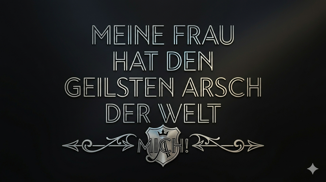 Die Antwort auf die Frage: Wer hat den geilster Arsch der Welt? Ein minimalistisches Grafikdesign im Querformat vor einem edlen, dunkelgrau-metallischen Hintergrund. Im Zentrum steht ein zentrierter, vierzeiliger Text in silberner, doppelt konturierter Metall-Großschrift: „MEINE FRAU HAT DEN GEILSTEN ARSCH DER WELT“. Darunter befindet sich eine symmetrische, silberne Zierleiste mit Schnörkeln und einem kleinen, gekrönten Wappenschild in der Mitte. Auf diesem Element steht im selben Metallic-Look das Wort „MICH!“, flankiert von zwei horizontalen Pfeilen, die darauf zeigen.